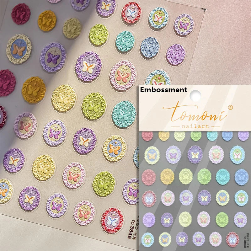 Retro Shiny Glazed Rococo Flower Window Dreamy Butterfly Geometric Frame Stamp Embossed Reliefs Nail Art Stickers Manicure Decal (Online Order Only)