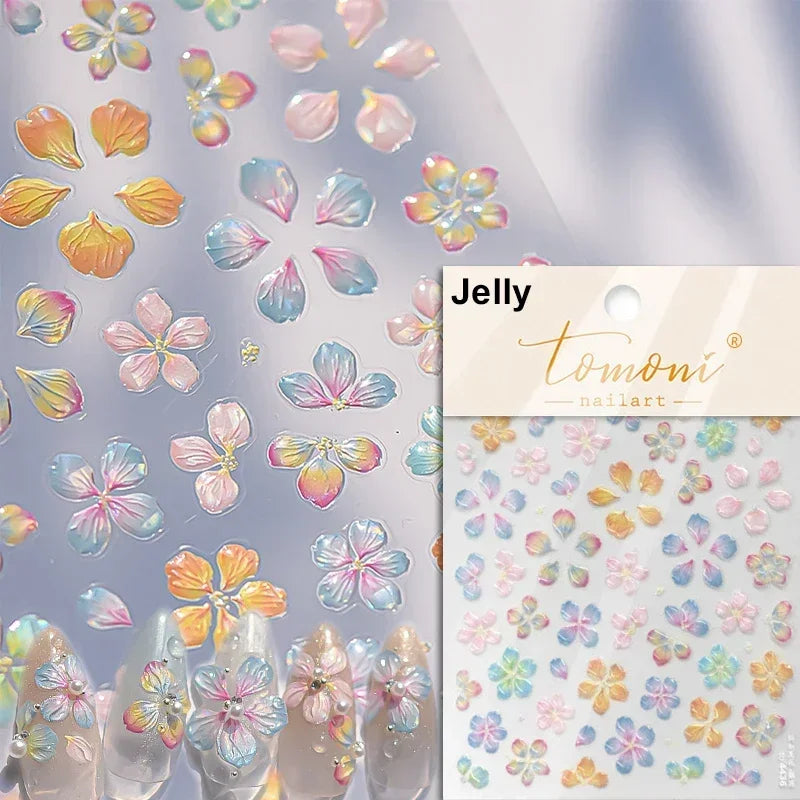 Gradient Coloredful Flower Petal Green Leaf Dreamy Shiny Chinese Rose Fantasy Relief Adhesive Nail Art Stickers Manicure Decals (Online Order Only)