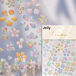 Gradient Coloredful Flower Petal Green Leaf Dreamy Shiny Chinese Rose Fantasy Relief Adhesive Nail Art Stickers Manicure Decals (Online Order Only)