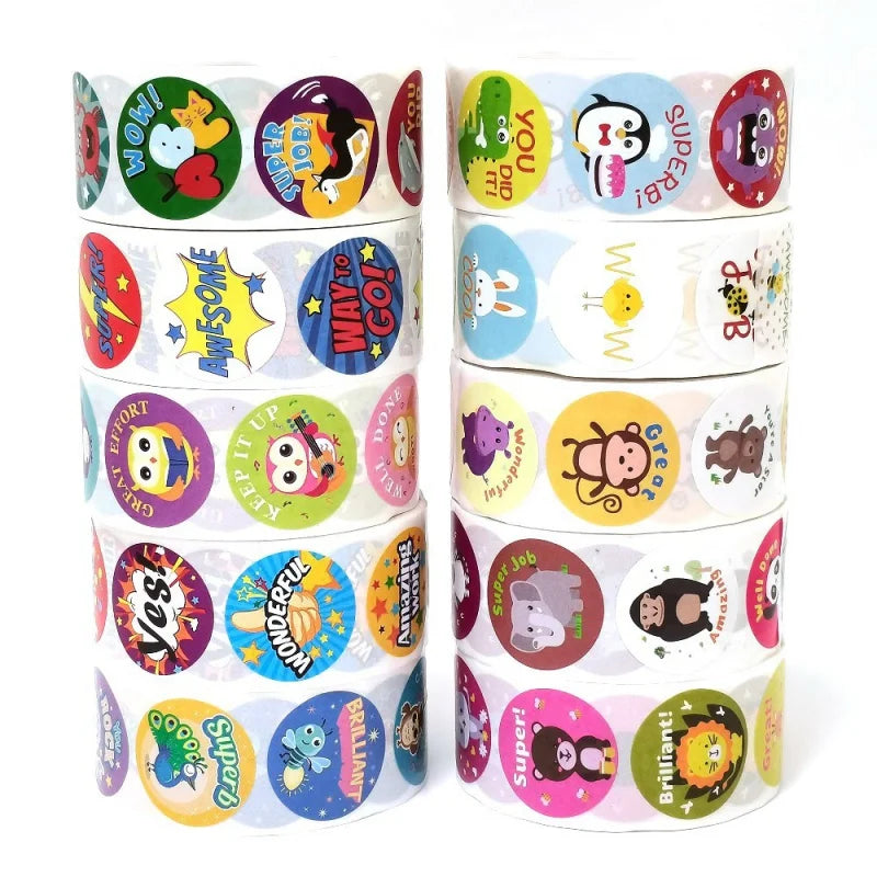 500 Pcs/Roll English Cartoon Animal Stickers Teacher Reward Students Stickers Self-adhesive Stationery Stickers (Online Order Only)