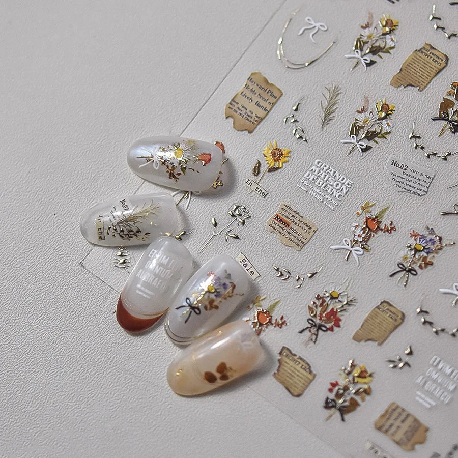 Pale Flower Bouquet Label Bowknot Stationery Sunflower Daisy Leaf 3D Self Adhesive Nail Art Stickers Rhinestone Manicure Decals (Online Order Only)