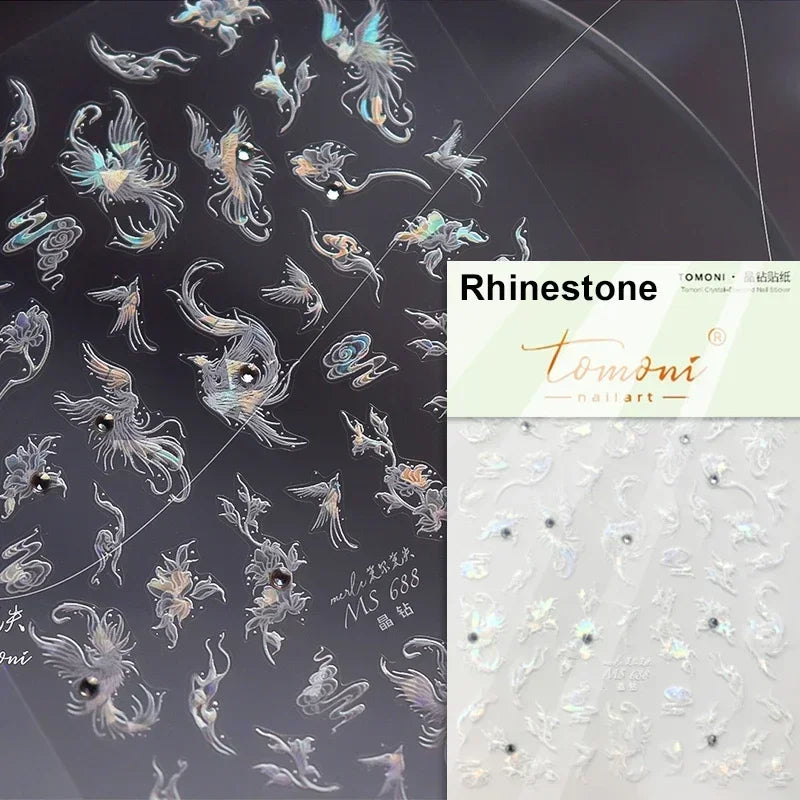 Charming Red Rose Phoenix Flower Wing Leaves Flower Feather Pearl Relief Embossed 5D Adhesive Nail Art Stickers Manicure Decals (ONLINE ORDER ONLY)