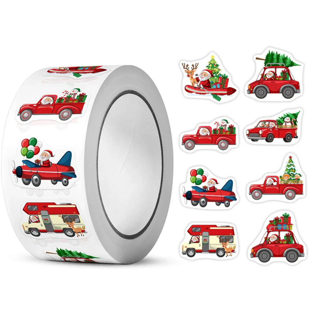 100-500pcs Heterotypic Christmas Themed Santa Claus Transportation Stickers 8 Designs 2.5 cm/1 inch DlY Graffiti Holiday Labels (Online Order Only)