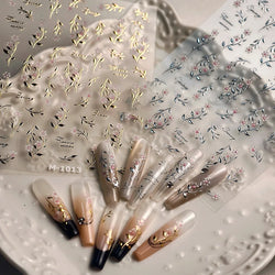 Pink Flower Hot Stamping Silver Leaves Branch Wicker Willow Plant Chic Adhesive Nail Art Decorations Stickers Manicure Decals (Online Order Only)