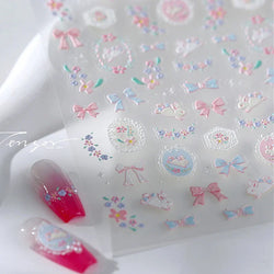Pink Running Rabbit Bowknot Wreath Bunny Flower Tie Totem Pattern Self Adhesive Nail Art Sticker Pearl Rhinestone Manicure Decal (Online Order Only)
