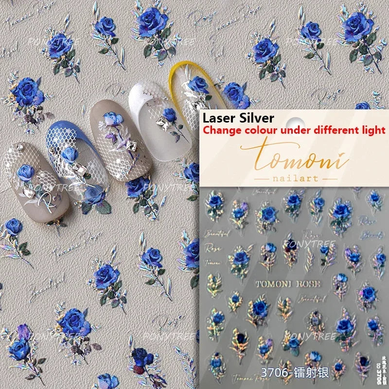 Metal Effect Rose Flower Pattern Totem Photo Frame Self Adhesive Nail Art Sticker Romantic Chic Wreath Rhinestone Manicure Decal (Online Order Only)