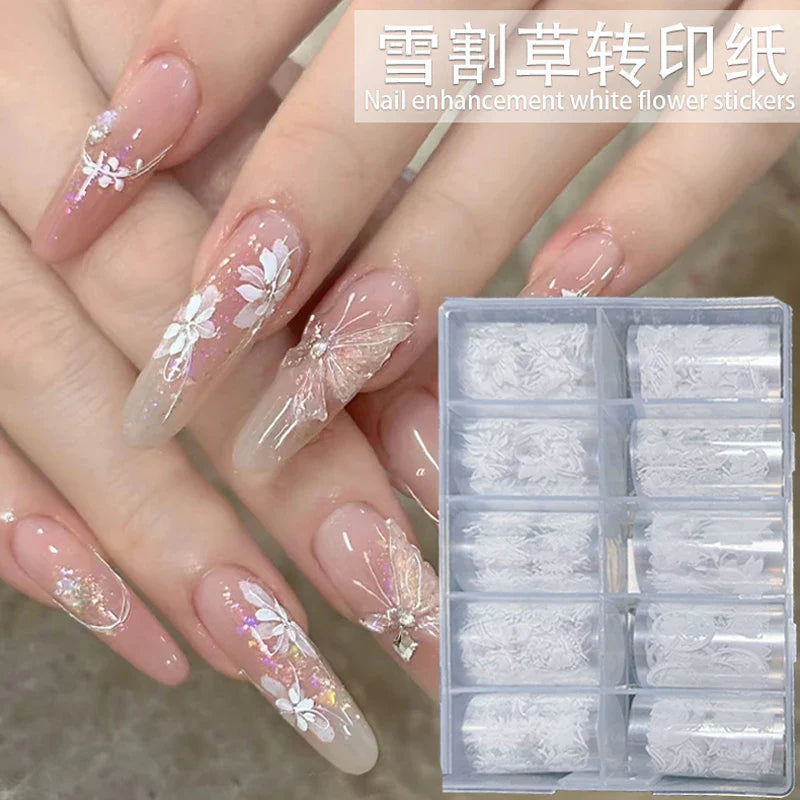 10 Rolls White Flower Petal Butterfly Design Nail Foil Transfer Stickers Glossy Glitter Nail Art Supplies for Women & Girls DIY* (ONLINE ORDER ONLY)