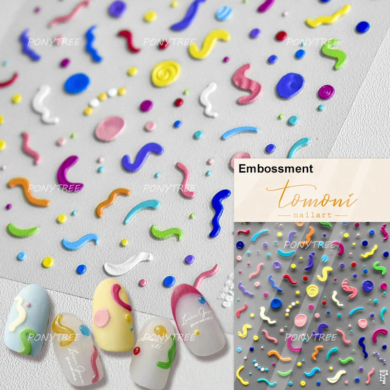 Colourful Graffiti Round Dot Line Water Droplet Cute Comma Geometric Jelly 5D Self Adhesive Nail Art Stickers Manicure Decals (Online Order Only)