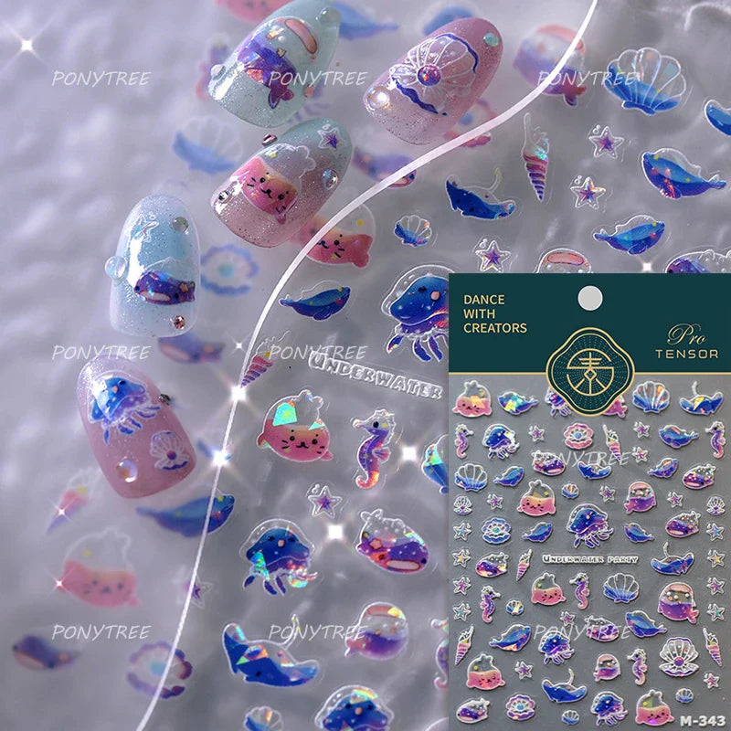 Marine Shell Starfish Ocean Elements Pearl Star Fishing Net Colourful Underwater Organisms 5D Nail Art Stickers Manicure Decals (Online Order Only)