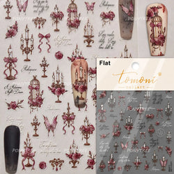 Oil Painting Style Rose Camellia Flower Vase Romantic Candle Holder Bowknot Embossed Adhesive Nail Art Stickers Manicure Decals (ONLINE ORDER ONLY)
