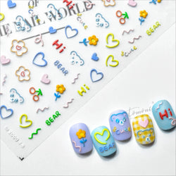 Cute Graffiti Cartoon Line Cherry Bear Cat Flower Bouquet Fish Boys Girls Strawberry Reliefs Nail Art Stickers Manicure Decals (ONLINE ORDER ONLY)