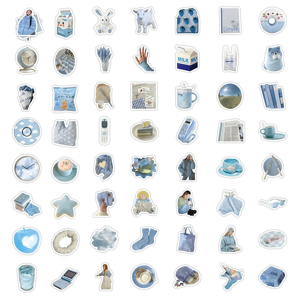 10/30/60PCS Ins Style Simple Blue Stickers Cute Cartoon Decal DIY Notebook Phone Fridge Suitcase Skateboard Car Sticker Kids Toy (Online Order Only)