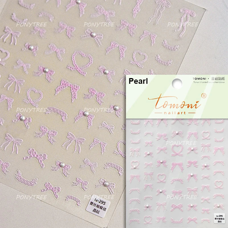 Chic Shiny Lace Pink Black White Bowknot Pearl Rhinestones Charming 3D Self Adhesive Nail Art Decoration Sticker Manicure Decals (Online Order Only)
