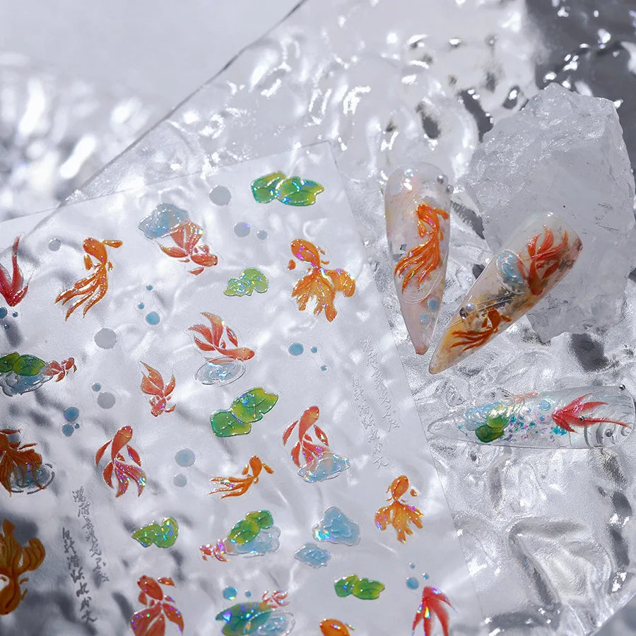 Lotus Leaf Brocaded Carp Koi Playing Goldfish Cavort Ripple Droplet Water Bubbles Self Adhesive Nail Art Stickers Manicure Decal (Online Order Only)
