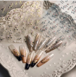 Pink Flower Hot Stamping Silver Leaves Branch Wicker Willow Plant Chic Adhesive Nail Art Decorations Stickers Manicure Decals (Online Order Only)
