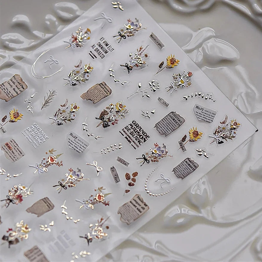 Pale Flower Bouquet Label Bowknot Stationery Sunflower Daisy Leaf 3D Self Adhesive Nail Art Stickers Rhinestone Manicure Decals (Online Order Only)