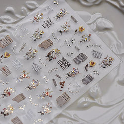 Pale Flower Bouquet Label Bowknot Stationery Sunflower Daisy Leaf 3D Self Adhesive Nail Art Stickers Rhinestone Manicure Decals (Online Order Only)