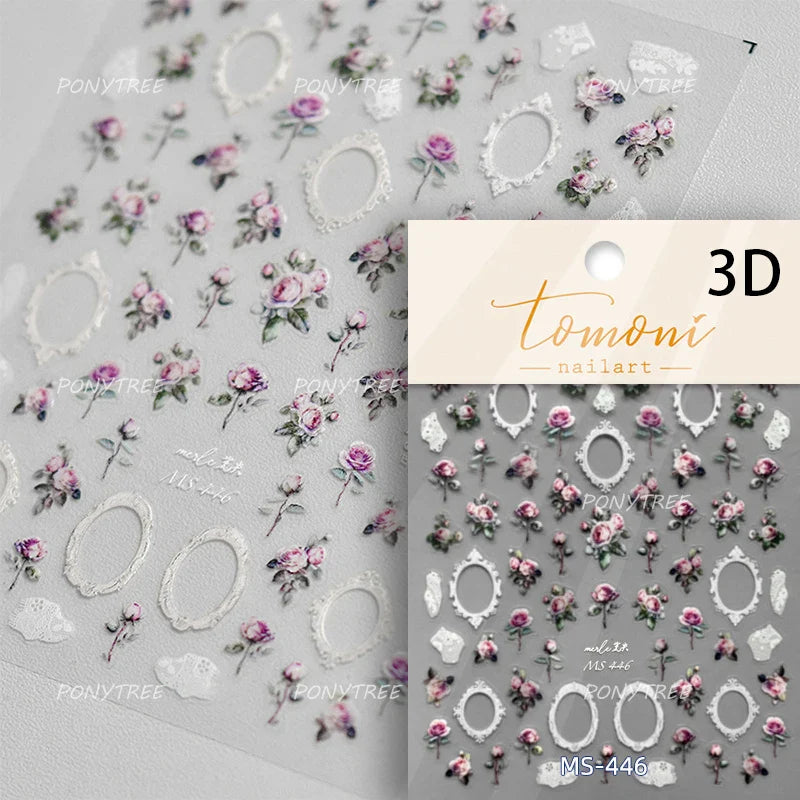 Retro Glass Geometry Glaze Rectangle Round Rose Camellia Adhesive Nail Art Stickers Frame Gemstone Charm Noble Manicure Decals (ONLINE ORDER ONLY)