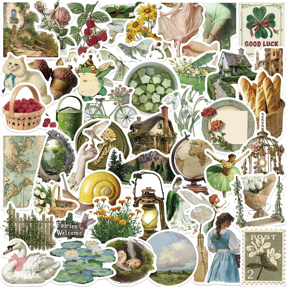 Retro Cute Green Stickers Set: DIY Decor for Phone, Notebook, Bike, Suitcase, Car, Kids Toys (Online Order Only)