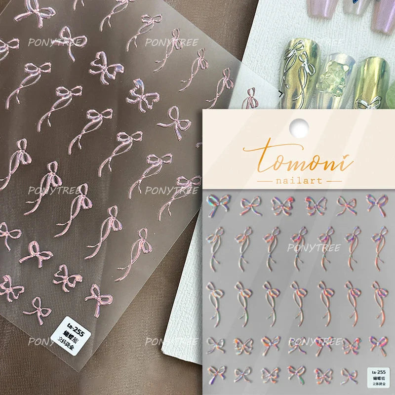 Pink Blue Purple Lovely Line Bowknot Lace Arc Curve Romantic Delicate Cording Embossed Adhesive Nail Art Sticker Manicure Decal (ONLINE ORDER ONLY)