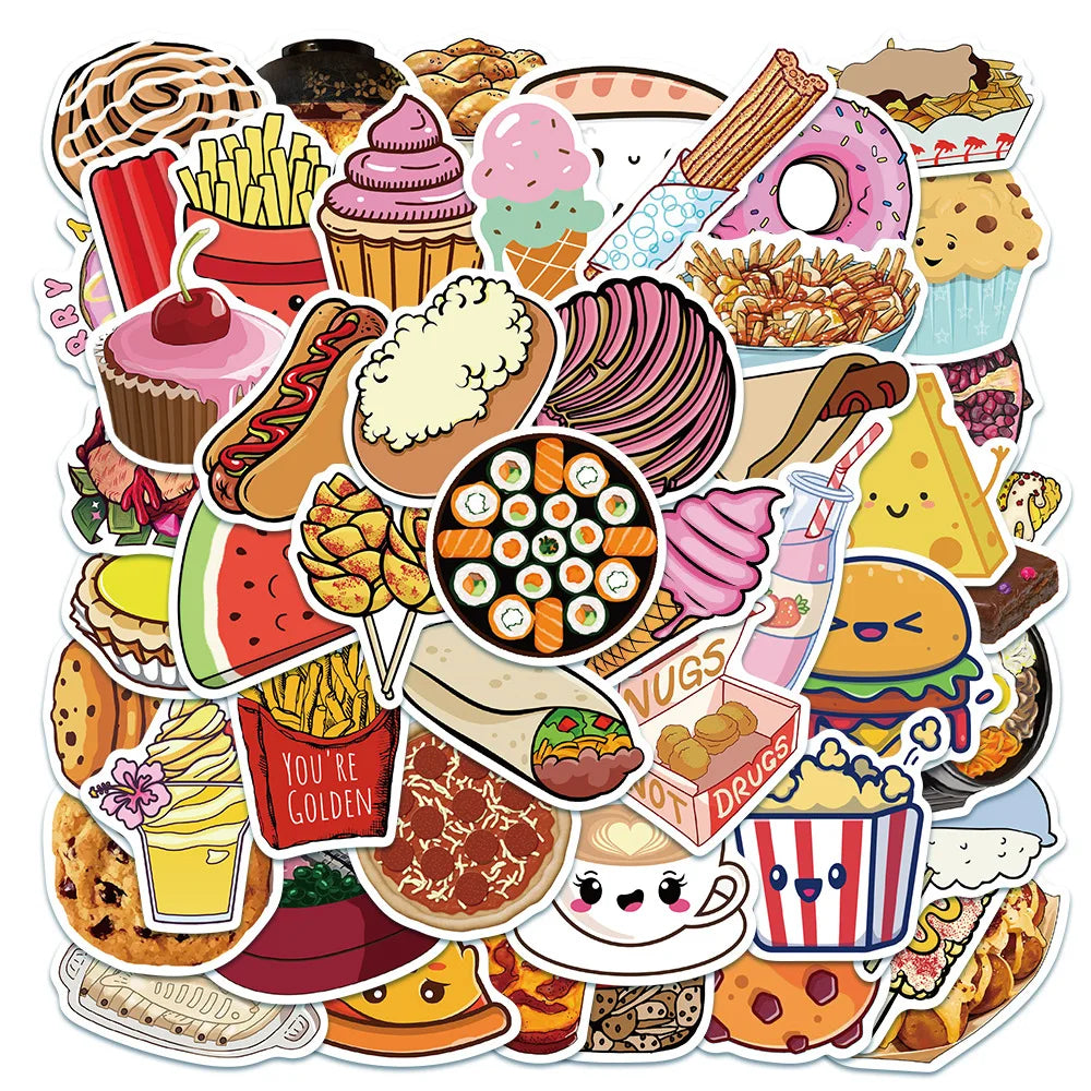 50Pcs Cartoon Gourmet Food Graffiti Stickers For Children Toys Luggage Laptop iPad Skateboard Notebook Stickers Wholesale (ONLINE ORDER ONLY)