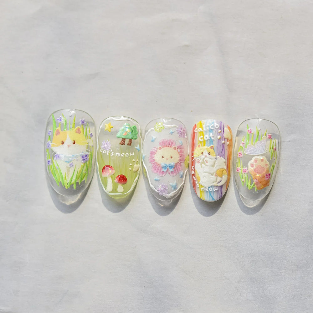 Picnic Cat Kitten Bowknot Flower Fish Butterfly Tree Mushroom Star Moon Cat's Paw Adhesive Nail Art Sticker Cute Manicure Decals (Online Order Only)