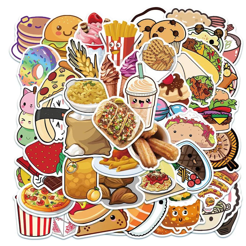 50Pcs Cartoon Gourmet Food Graffiti Stickers For Children Toys Luggage Laptop iPad Skateboard Notebook Stickers Wholesale (ONLINE ORDER ONLY)