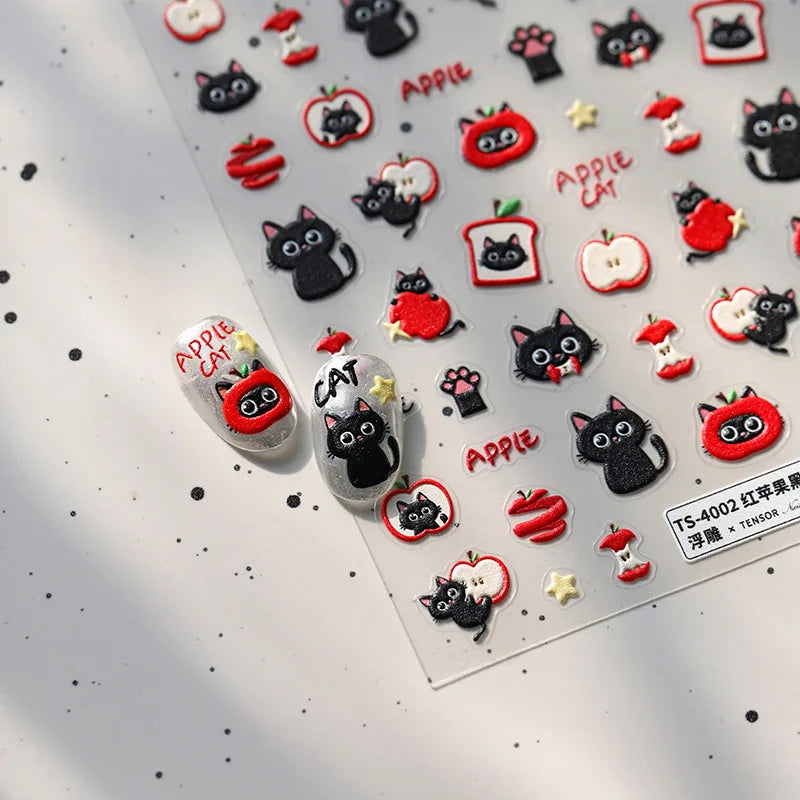 Cute Lovely Red Apple Core Black Kitten Cat's Paw Bread Slices Fruit Star Soft Relief Adhesive Nail Art Sticker Manicure Decals (ONLINE ORDER ONLY)