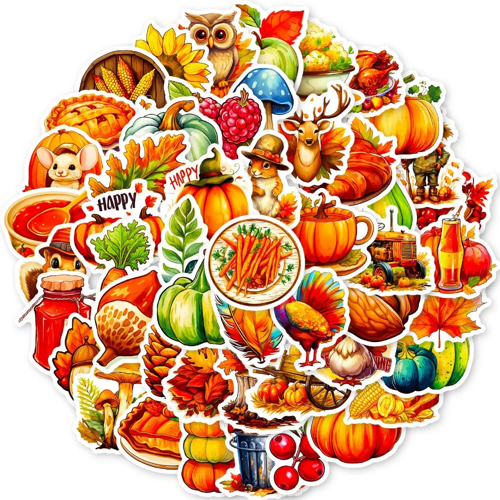 10/50Pcs Thanksgiving Day Stickers Harvest Festival Cartoon Cute Pumpkin Nut Squirrel Children Toy Decals Laptop Guitar Suitcase (Online Order Only)