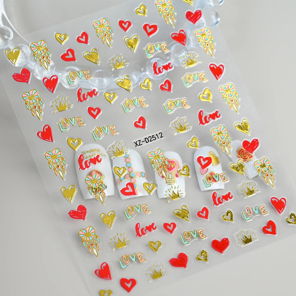 12Pcs 3D Golden Red Glitter Heart Love Nail Sticker Valentine Self Adhesive Cartoon Decal Geometry Lines Stripe Slider Manicure* (ONLINE ORDER ONLY)