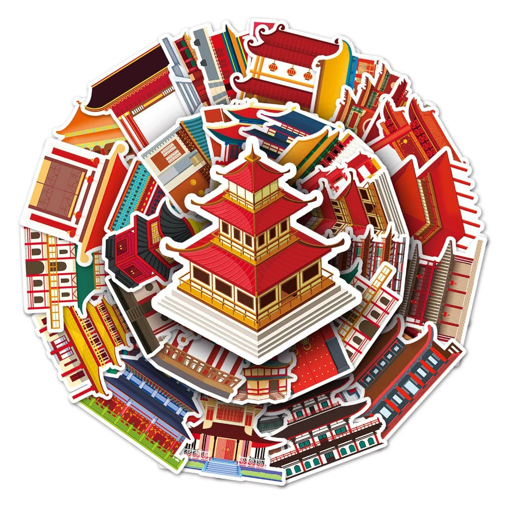 10/50pcs Antique Building House Stickers Personalized Chinese Style Stickers DIY Mobile Phone Case Suitcase Stickers Waterproof (Online Order Only)