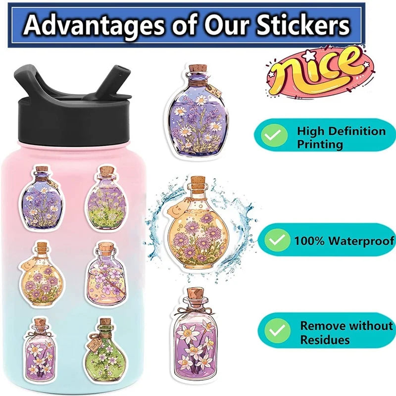 10/30/50PCS Kawaii Flower Bottle PVC Sticky Sticker Aesthetic Children's Stationery DIY Decoration Scrapbooking School Supplies (Online Order Only)