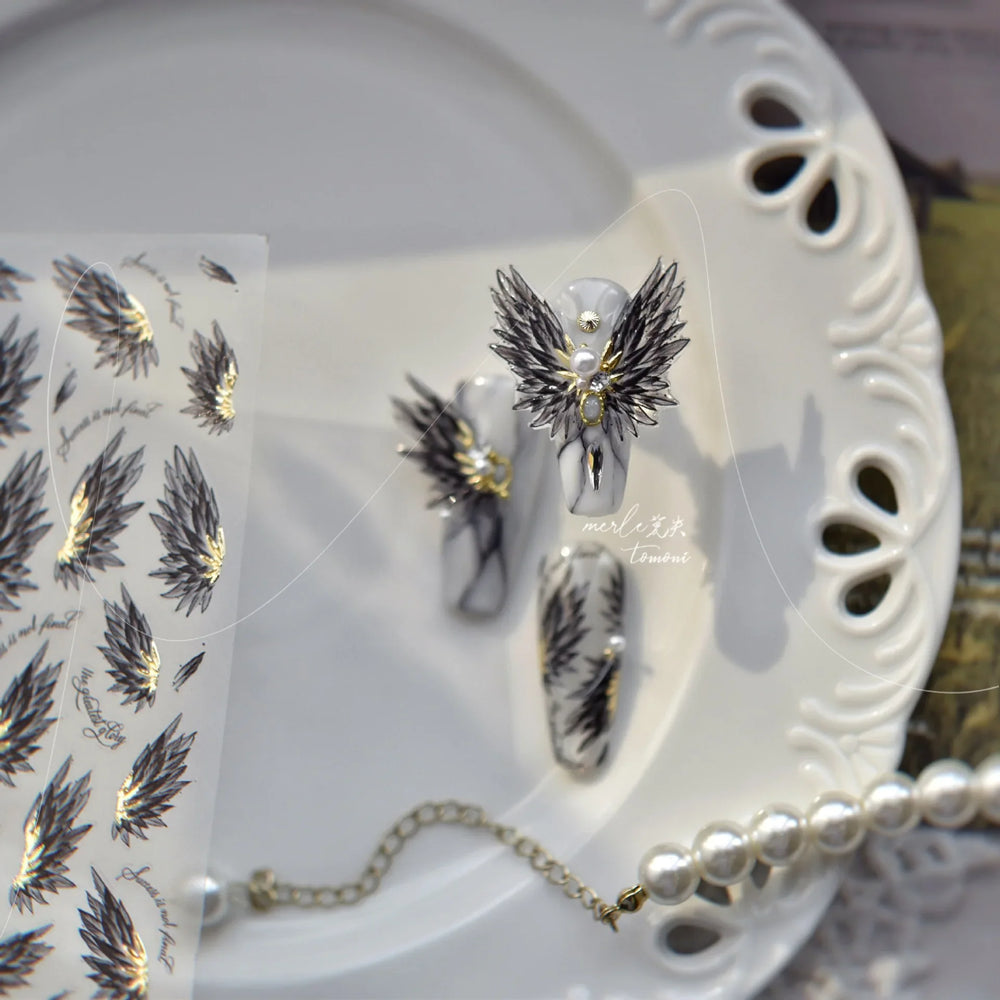 White Black Wings Feather Angel Demon Devil Dreamy Hot Stamping English Letter Adhesive Nail Art Stickers Manicure Tool Decals (Online Order Only)