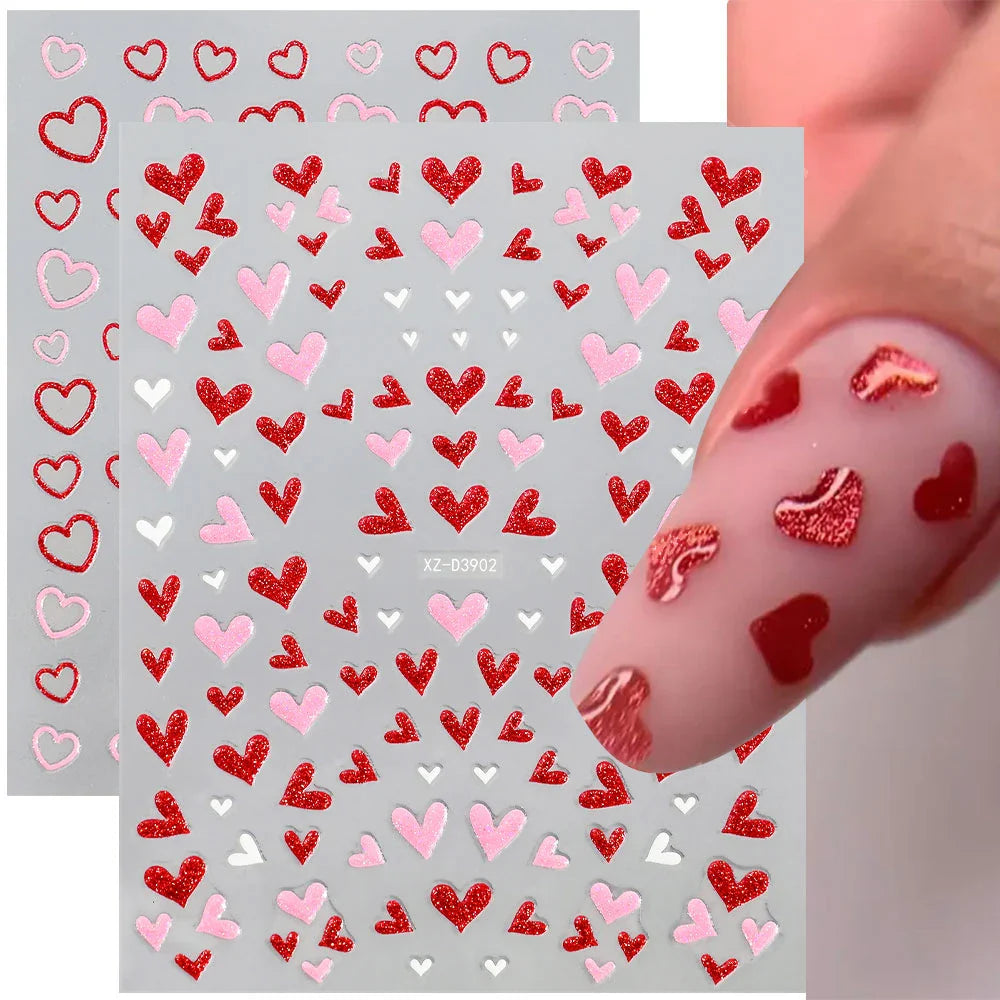 1Pc Red Pink White Heart Bow Nail Art Stickers with Glitter Sequins 5D Self Adhesive Nail Decorations Slider Decals DIY Manicure (ONLINE ORDER ONLY)
