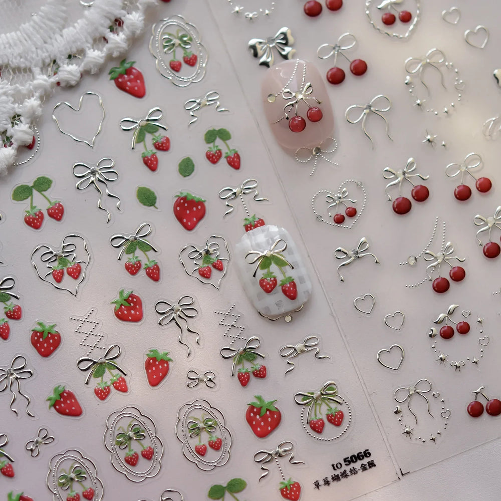Lovely Red Fruit Strawberry Cherry Bowknot Love Heart Star Silk Ribbon Chic Rhinestone Adhesive Nail Art Stickers Manicure Decal (ONLINE ORDER ONLY)