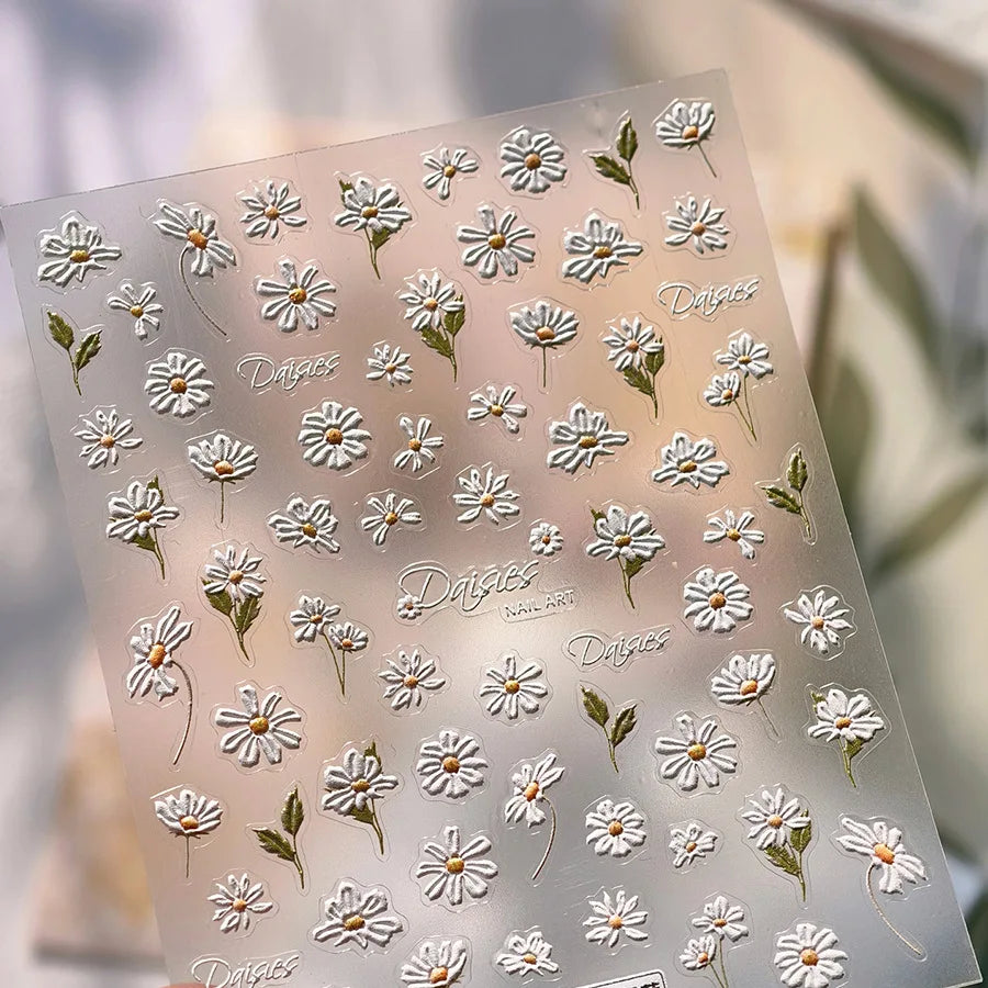 Mountain Daisy Wild Flower Mini Green Leaves White Petal Romantic Embossed Reliefs Adhesive Nail Art Stickers Manicure Decals (ONLINE ORDER ONLY)