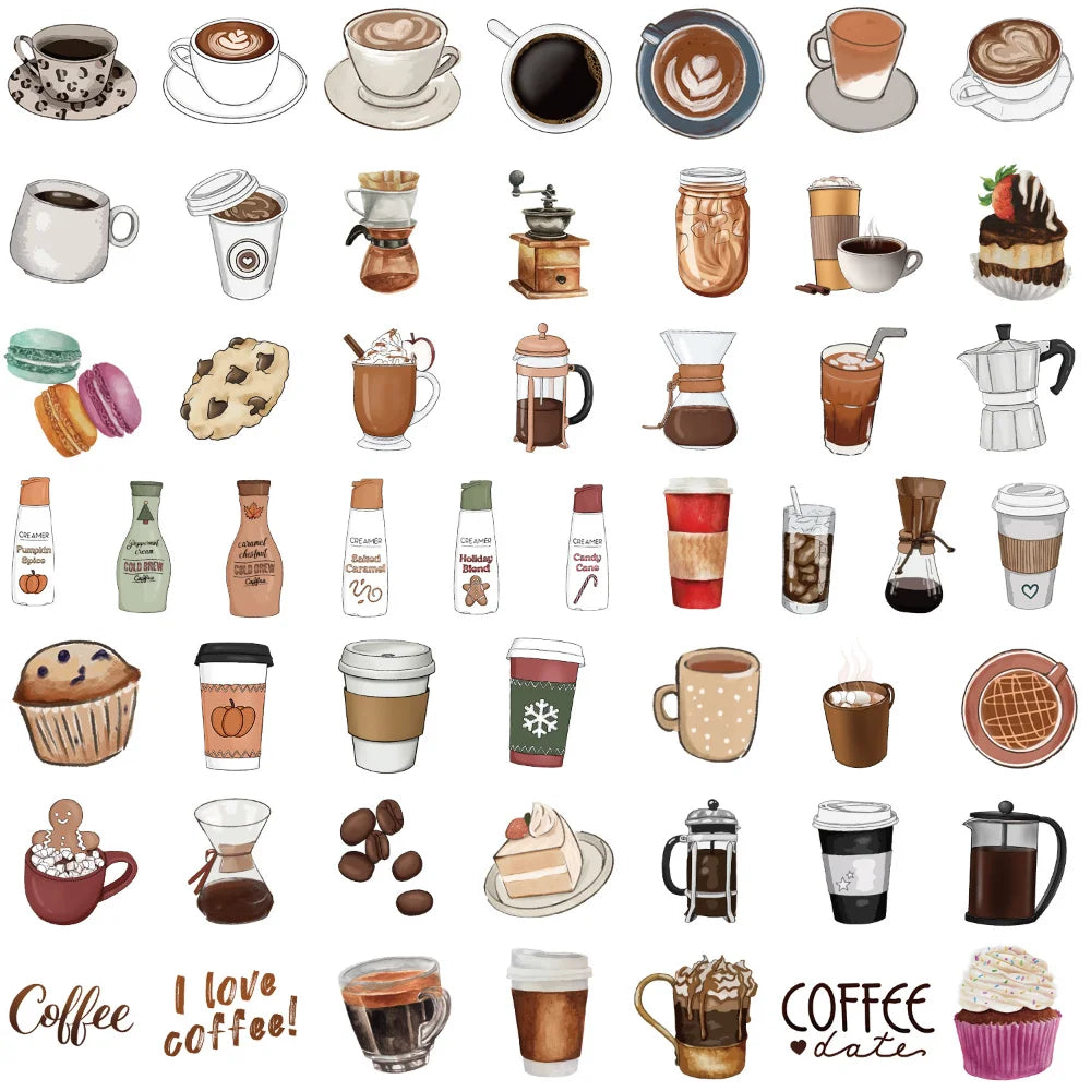 10/50Pcs Coffee Drink Stickers Cute Animal Cartoon Decals DIY Skateboard Scrapbook Phone Car Laptop Decoration Sticker Toys (Online Order Only)