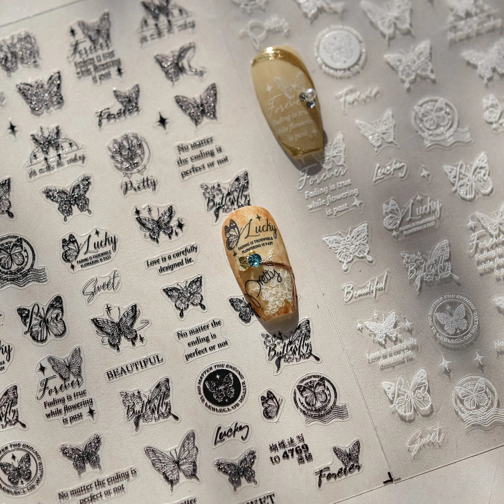 Flower Bowknot Butterfly Plant Leaf English Letter Rose Hand Drawn Embossed Relief Self Adhesive Nail Art Sticker Manicure Decal (ONLINE ORDER ONLY)