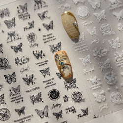 Flower Bowknot Butterfly Plant Leaf English Letter Rose Hand Drawn Embossed Relief Self Adhesive Nail Art Sticker Manicure Decal (ONLINE ORDER ONLY)