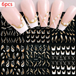 6pcs/Set Blue Gold Glitter French Design 5D Nail Stickers Curve Lines Swirls Wave Nail Sliders Reflective Flakes Decals Manicure (ONLINE ORDER ONLY)