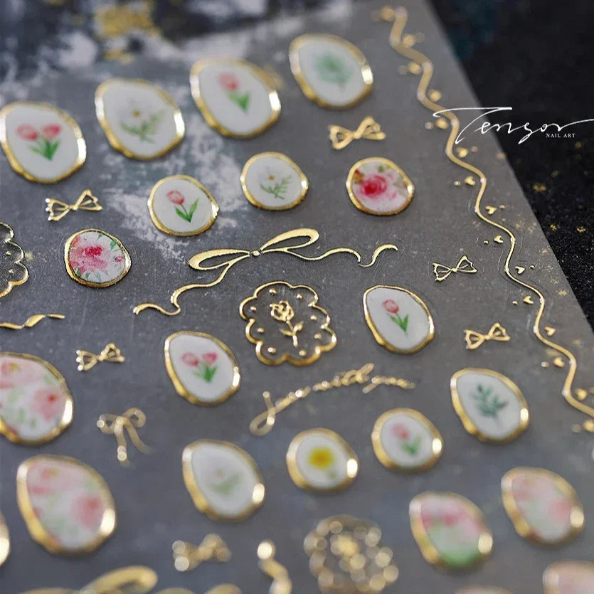 Hot Stamping Jelly All Tulips Garden Flower Bowknot Wave Lace Line Golden and Radiant Adhesive Nail Art Stickers Manicure Decals (ONLINE ORDER ONLY)