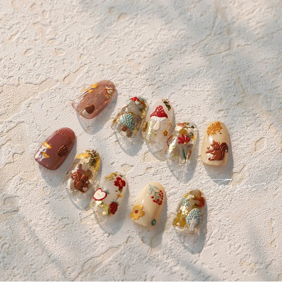 Squirrel Mushroom Apple Strawberry Cherry Pinecone Ginkgo Leaf Self Adhesive Nail Art Stickers Butterfly Flower Manicure Decals (ONLINE ORDER ONLY)