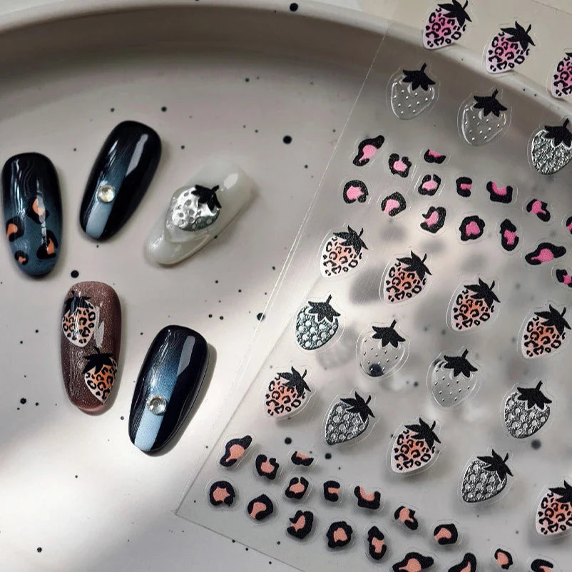 Pink Transparent Strawberry Leopard Print Metal Silver Fruit Lovely Self Adhesive Nail Art Stickers 5D Manicure Decals Wholesale (ONLINE ORDER ONLY)