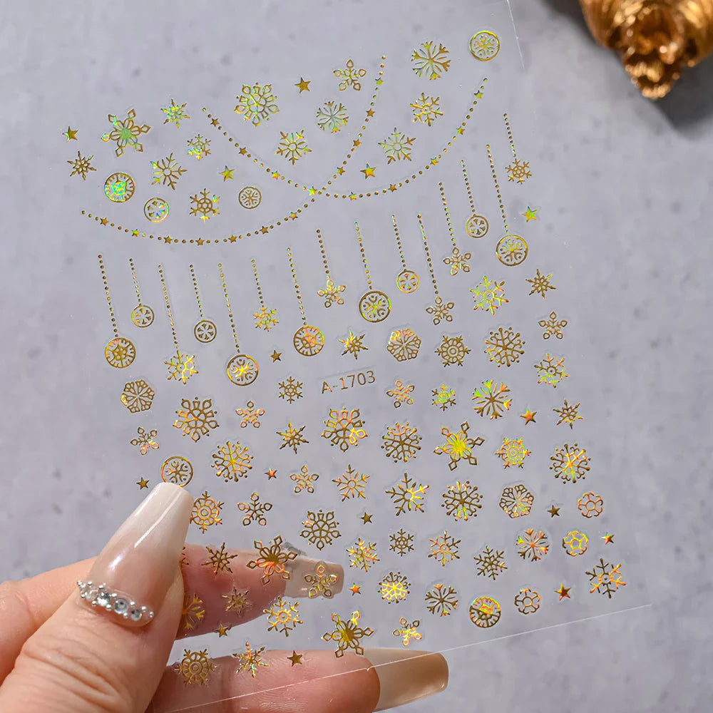 1PCS Laser Gold Snowflake Christmas Tree Nail Sticker 3D Adhesive Nail Decals Nail Art Accessories New Christmas Decoration 2024 (ONLINE ORDER ONLY)