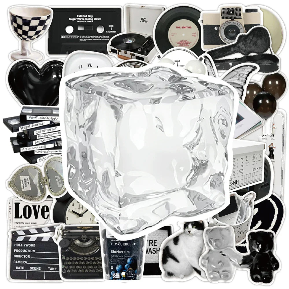 10/30/50pcs Ins Style Black White Simple Cute Stickers Aesthetic Graffiti Decoration Laptop Scrapbook Phone DIY Wall Sticker Toy (Online Order Only)