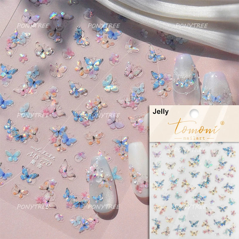 Charming Pink Purple Embroidery Gradual Butterfly Flowers Green Leaf 5D Tender Self Adhesive Nail Art Stickers Manicure Decals (ONLINE ORDER ONLY)