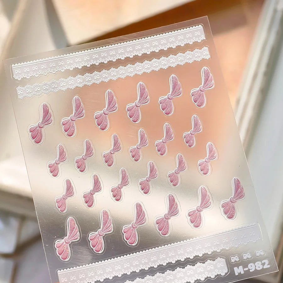 Pink White Bowknot Jelly Knot Lace Delicate Decorative Border Shiny 5D Self Adhesive Nail Art Stickers Manicure Decals Wholesale (Online Order Only)