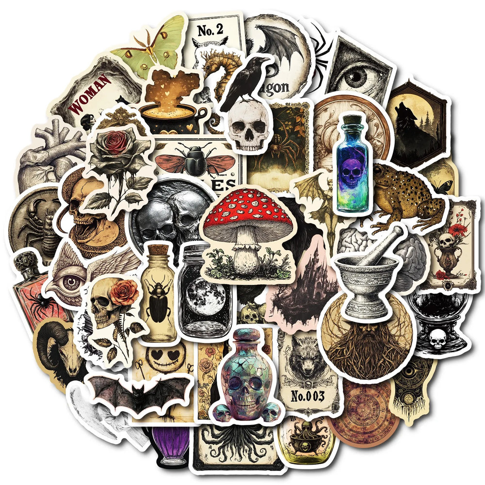 10/50pcs Vintage Gothic Pharmacist Posion Bottle Stickers Aesthetic DIY Skateboard Fridge Car Laptop Travel Luggage Cool Sticker (ONLINE ORDER ONLY)