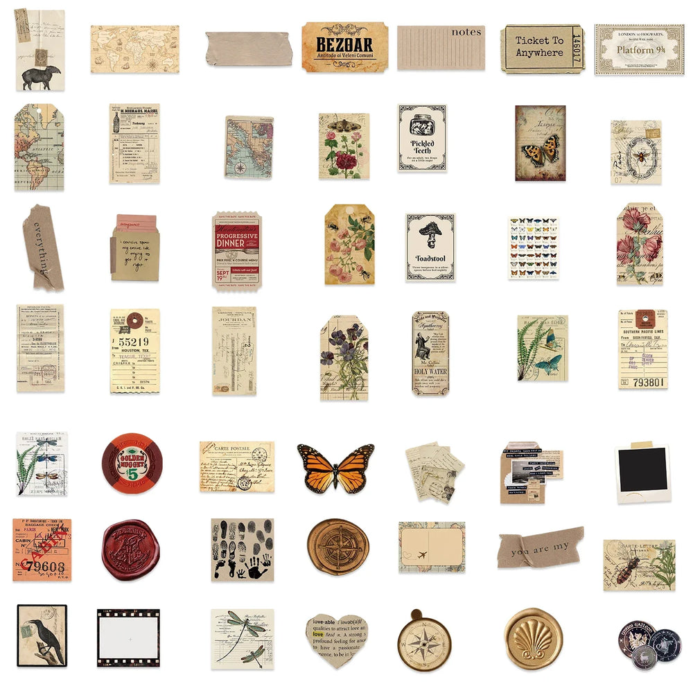 50Pcs Retro Archives Stickers For Laptop Luggage Guitar Skateboard Fridge Notebook Sticker Vintage Newspaper Graffiti Decals (ONLINE ORDER ONLY)
