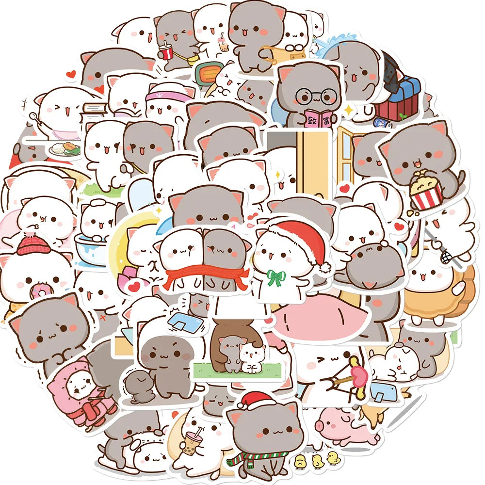 60PCS Kawaii Cat Mood Sticker PVC Graffiti Sticky Aesthetic Decorative Scrapbook DIY Child Phone Stationery Supply for Kid (Online Order Only)